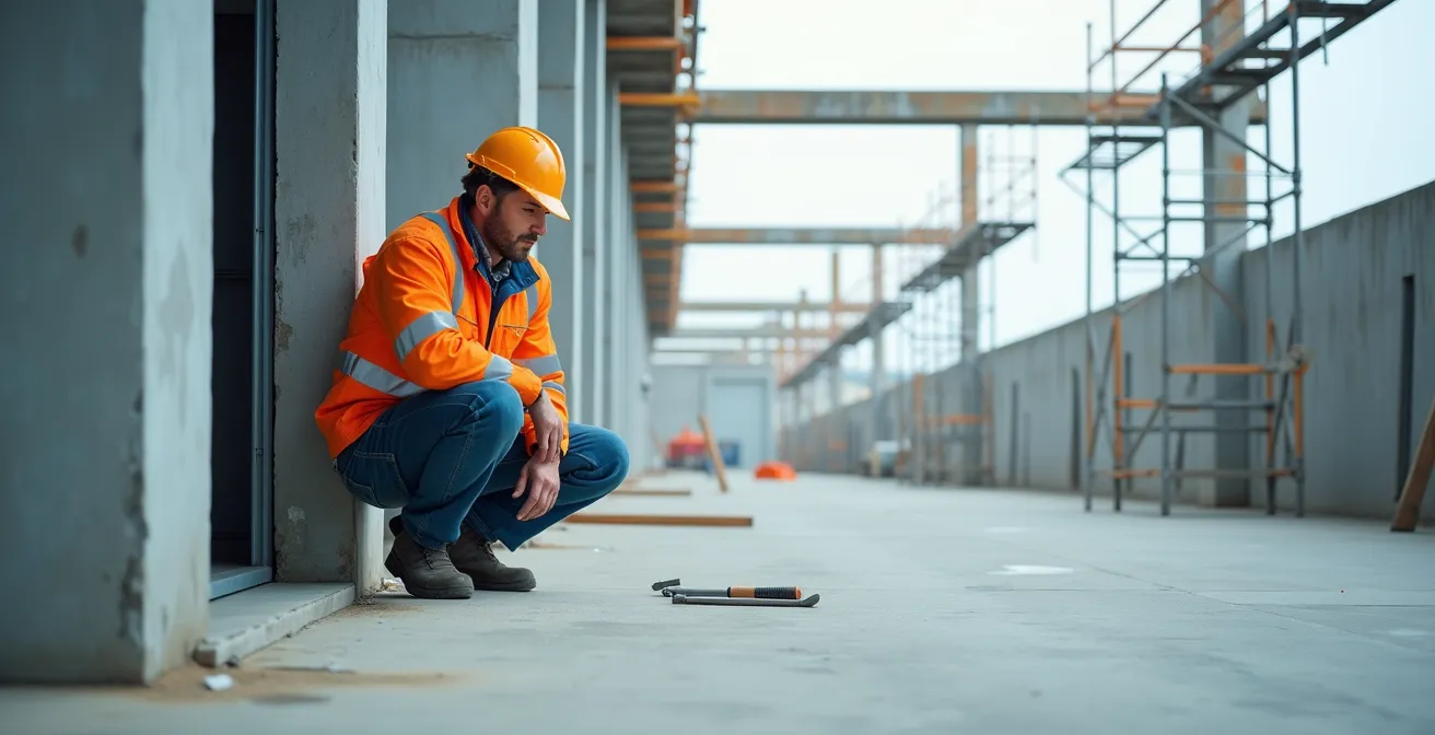Serrurier intervenant sur un chantier extérieur avec équipement haute visibilité